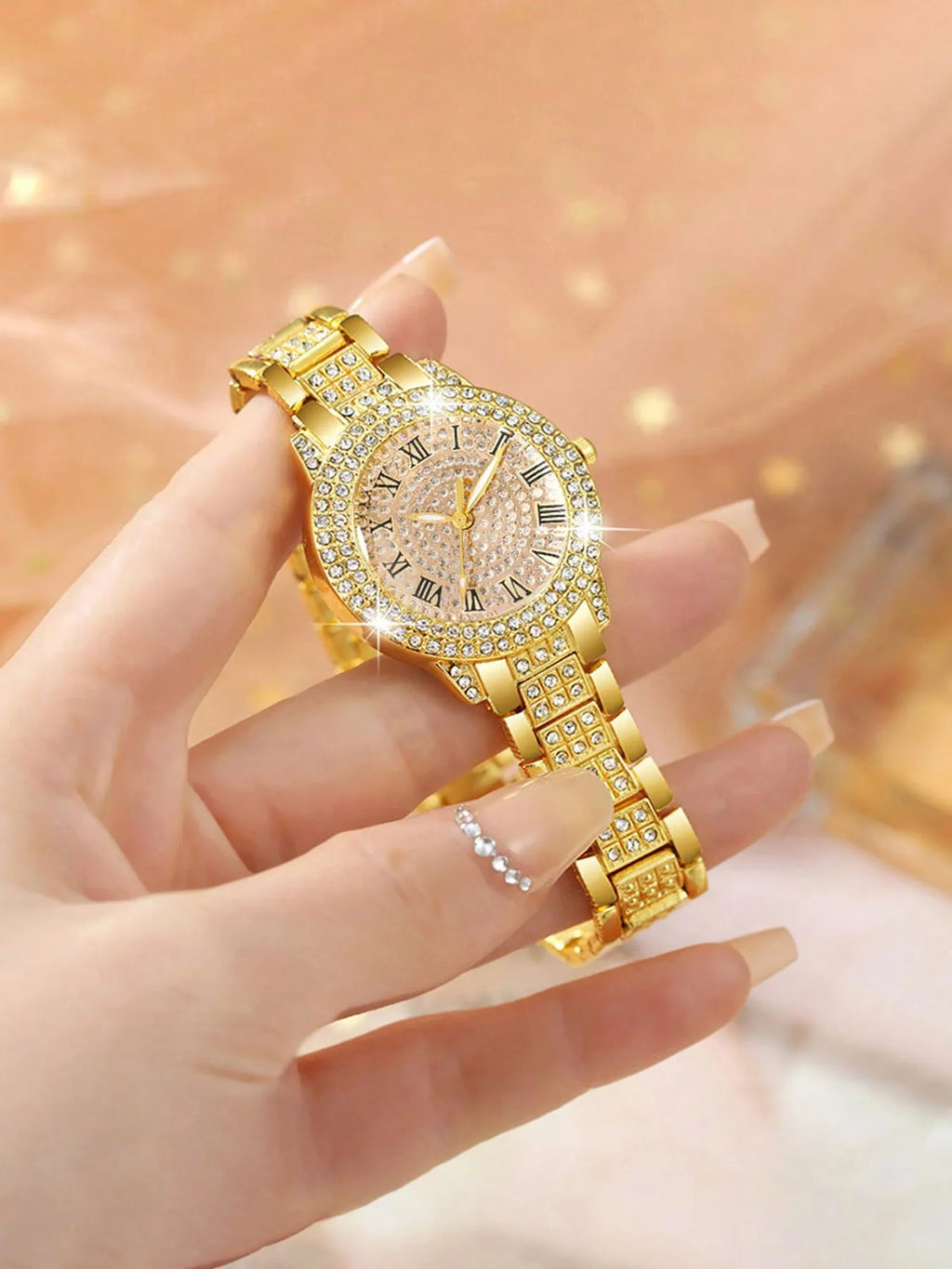 6-Piece Set Women's Student Quartz Watch Fashion Casual Steel Band Diamond Watch Set Qme