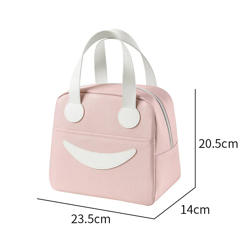 A Portable Cute Smile Lunch Bag Insulated Refrigerated Food Safe Girls Warm Food Picnic Office Student Zip Food Storage Box Qme Pink Small