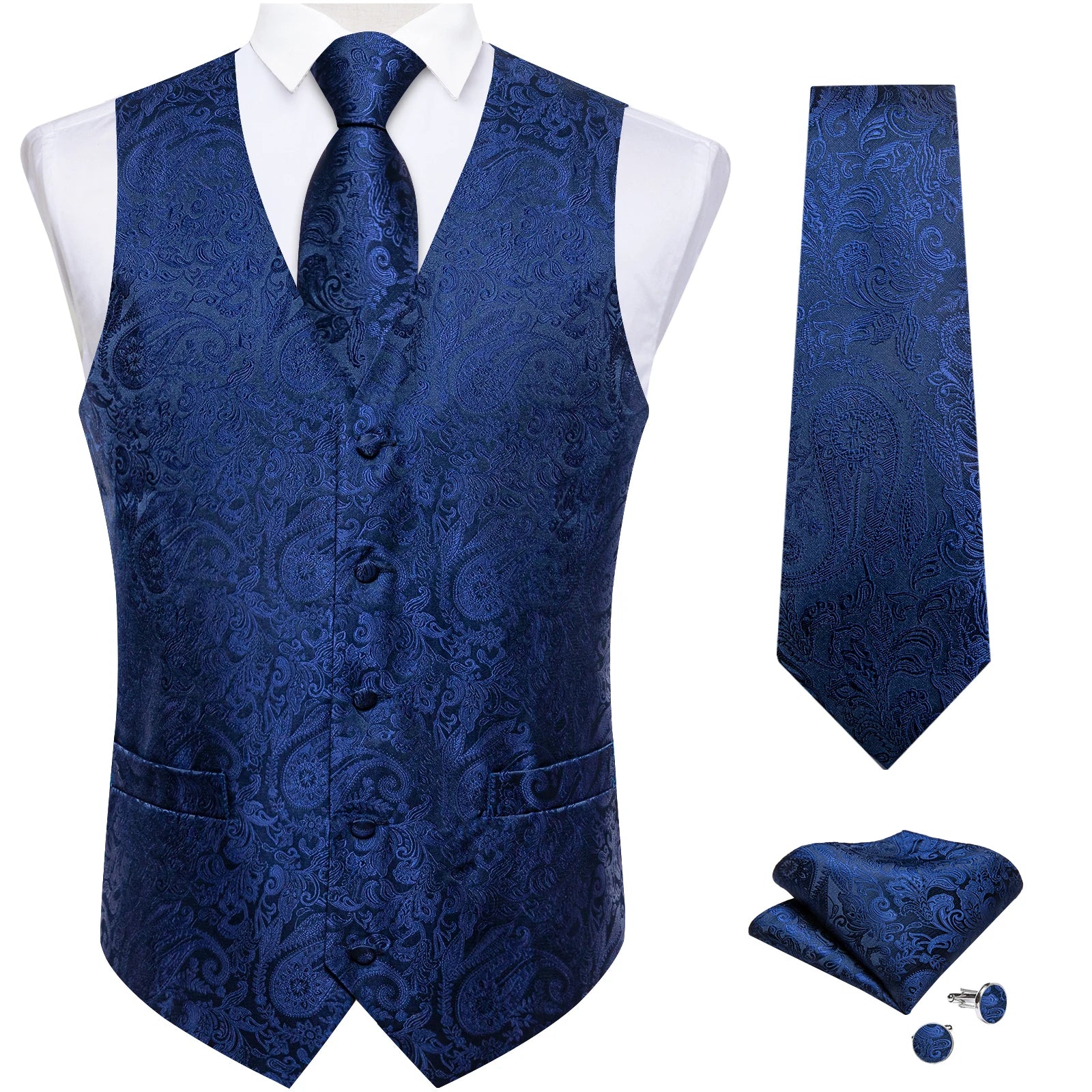 Men's Paisley Suit Vest Tie Formal Waistcoat Necktie Pocket Square Qme MJTZ0175 M