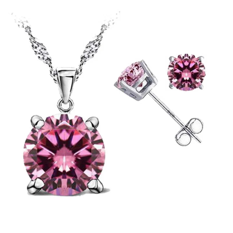 Good Quality 925 Sterling Silver Color Jewelry Sets for Woman Classic Claw Setting Cubic Zirconia Stud Earring Pendant Necklace Qme Color 6
