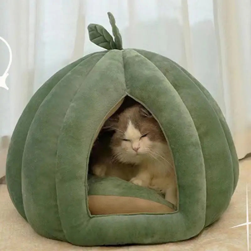 Pumpkin Cat Bed House Enclosed Cave Thickened Halloween Pet Hideaway Qme