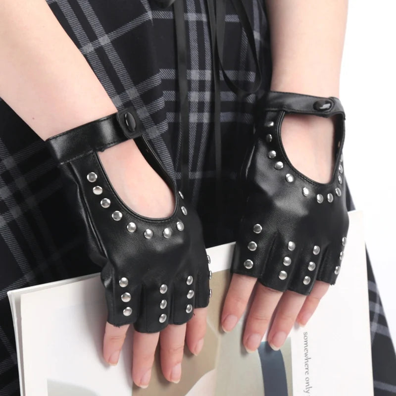 Unisex Punk Style Gloves Synthetic Leather Fingerless Gloves for Riding Driving Motorcycle Half Finger for Men Women Mittens Qme A1 One Size