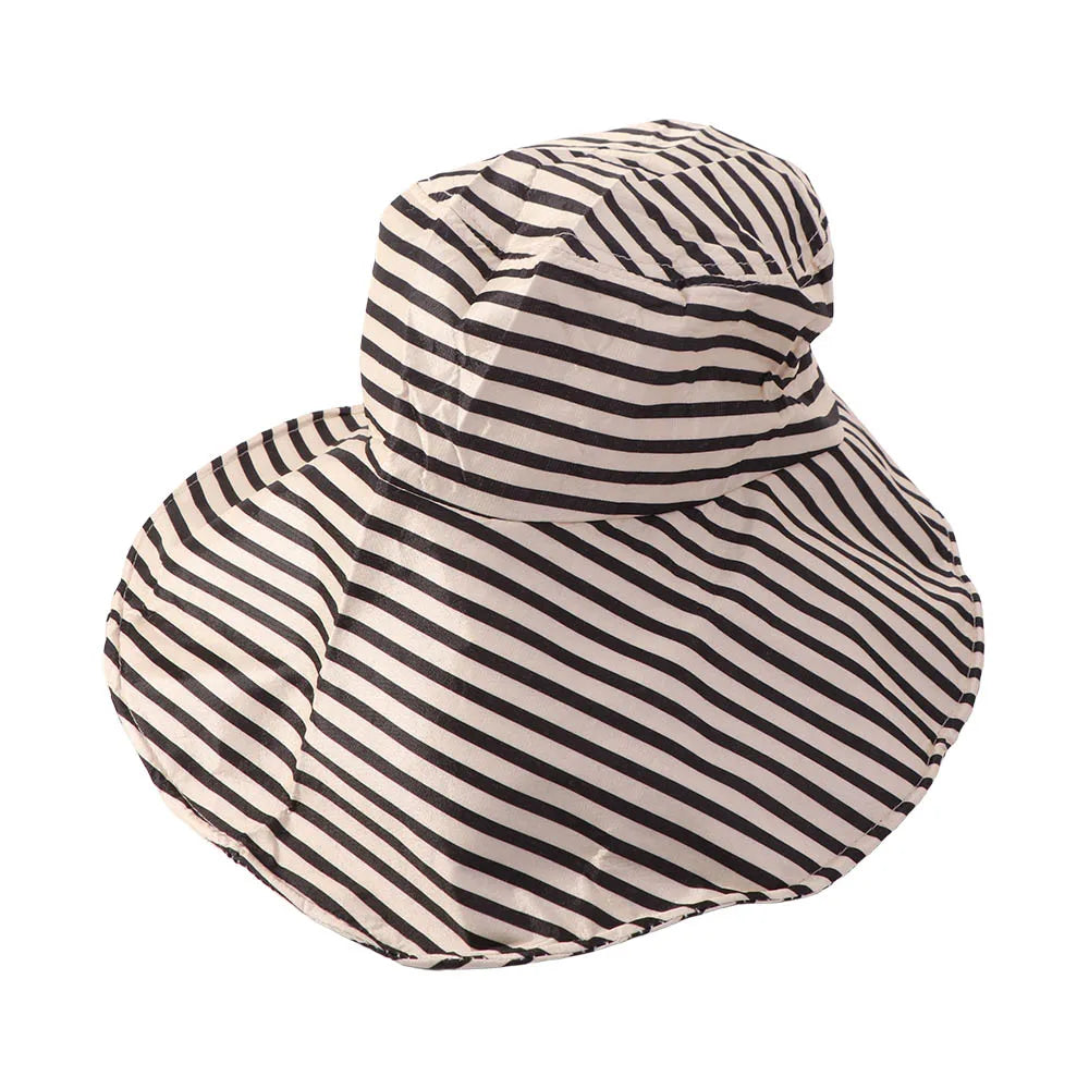 Simple Striped Bucket Hat Widened Brim Sunshade Foldable Beach Sun Cap Lightweight Cloth Roll Edge Fisherman Hat Vacation Qme