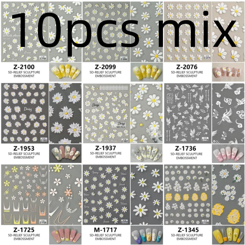 5D Flower Daisy Embossed Stickers Nail Sliders Decals Daisy White Florals Petals Flowers Back Glue Nail Sticker Decoration Qme 10pcs mix