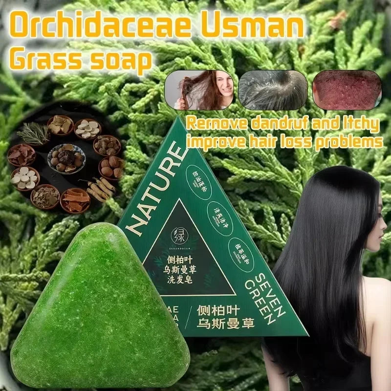 Usman Grass & Platycladus Shampoo Soap Strengthen Hair Root Growth Shampoo Bar Natural Herbal Hair Loss Treatment Hair Care Qme