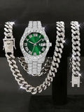 3Pcs/Set Men's Silver Iced Out Jewelry Set, Blue Dial Quartz Watch + Cuban Link Chain + Bracelet, Hip Hop Bling Style Qme Coffee