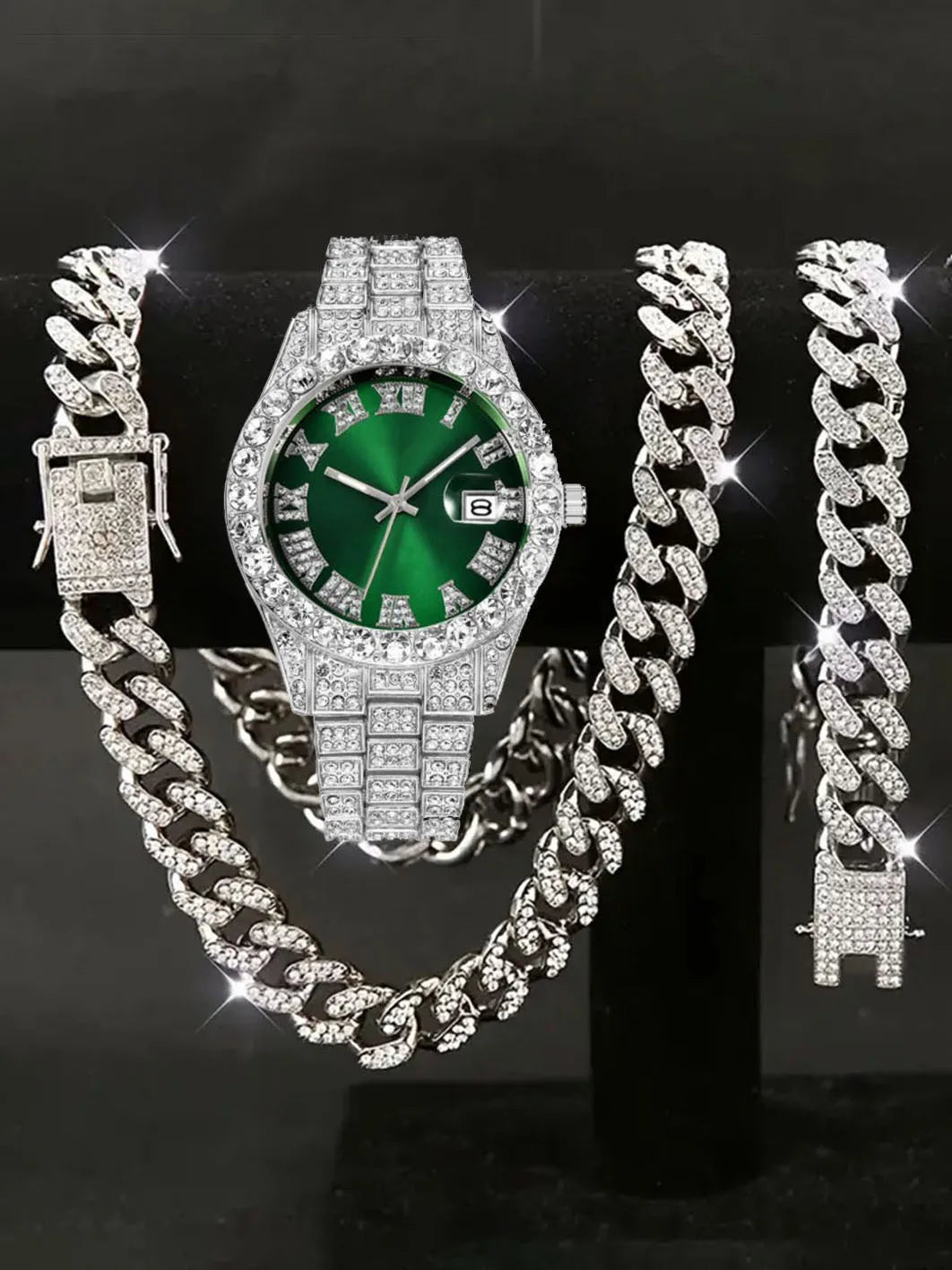 3Pcs/Set Men's Silver Iced Out Jewelry Set, Blue Dial Quartz Watch + Cuban Link Chain + Bracelet, Hip Hop Bling Style Qme Coffee