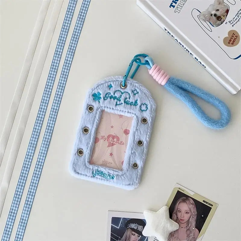 Cute Ballet-style Ribbon Photocard Holder Plush Card Lanyard Idol Qme Blue