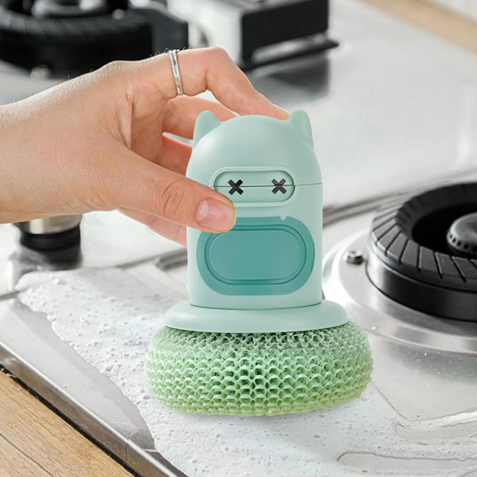Dish Brush Soap Dispenser Kitchen Press Scrub Sponge Cookware Qme