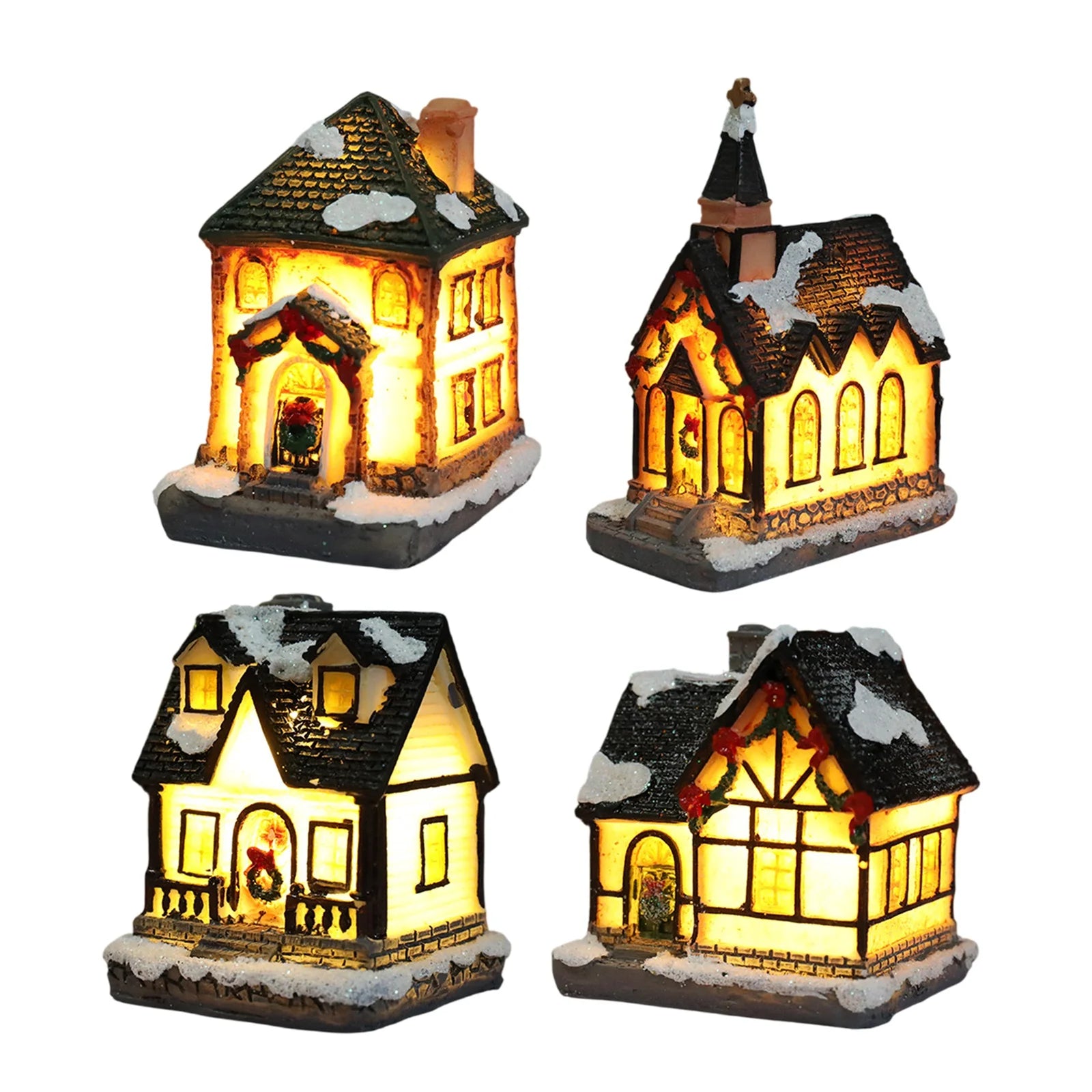Christmas Village Houses Set Battery Operated Resin Christmas House with LED Light Village Figurines For Tabletop Holiday Decor Qme