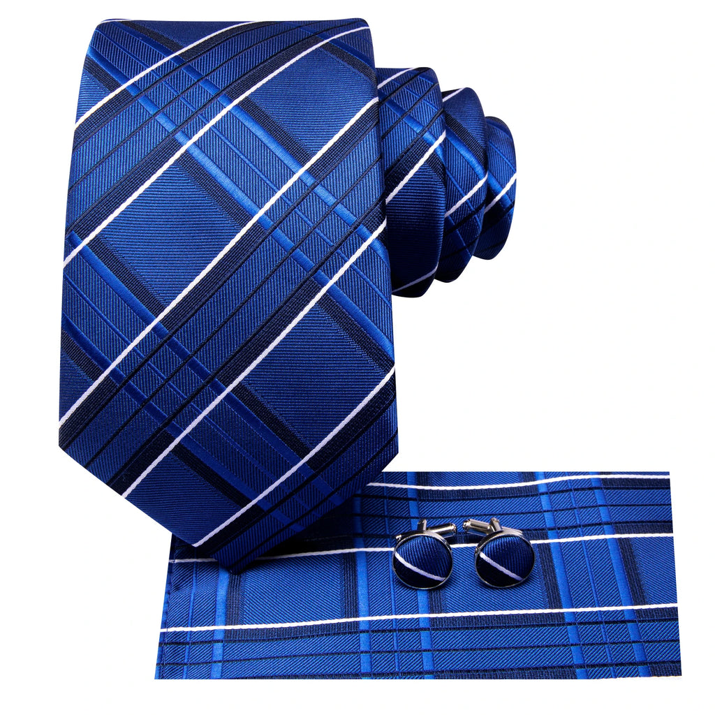Hi-Tie Navy Blue Striped Plaid Fashion Mens Elegant Tie Handkerchief Cufflinks Set Wedding Party Accessories Gift for Men Gravat Qme