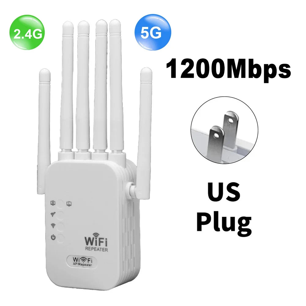 Dual Band Wireless WiFi Signal Extender 300/1200Mbps 2.4G/5G Wireless Repeater with 6 Antennas EU/US Plug Home Network Booster Qme 1200Mbps US Plug