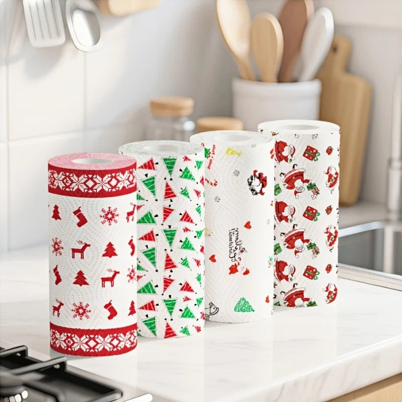 1 roll of Christmas kitchen paper Thickened three-layer roll paper, disposable kitchen cleaning wet and dry household - lazy rag Qme