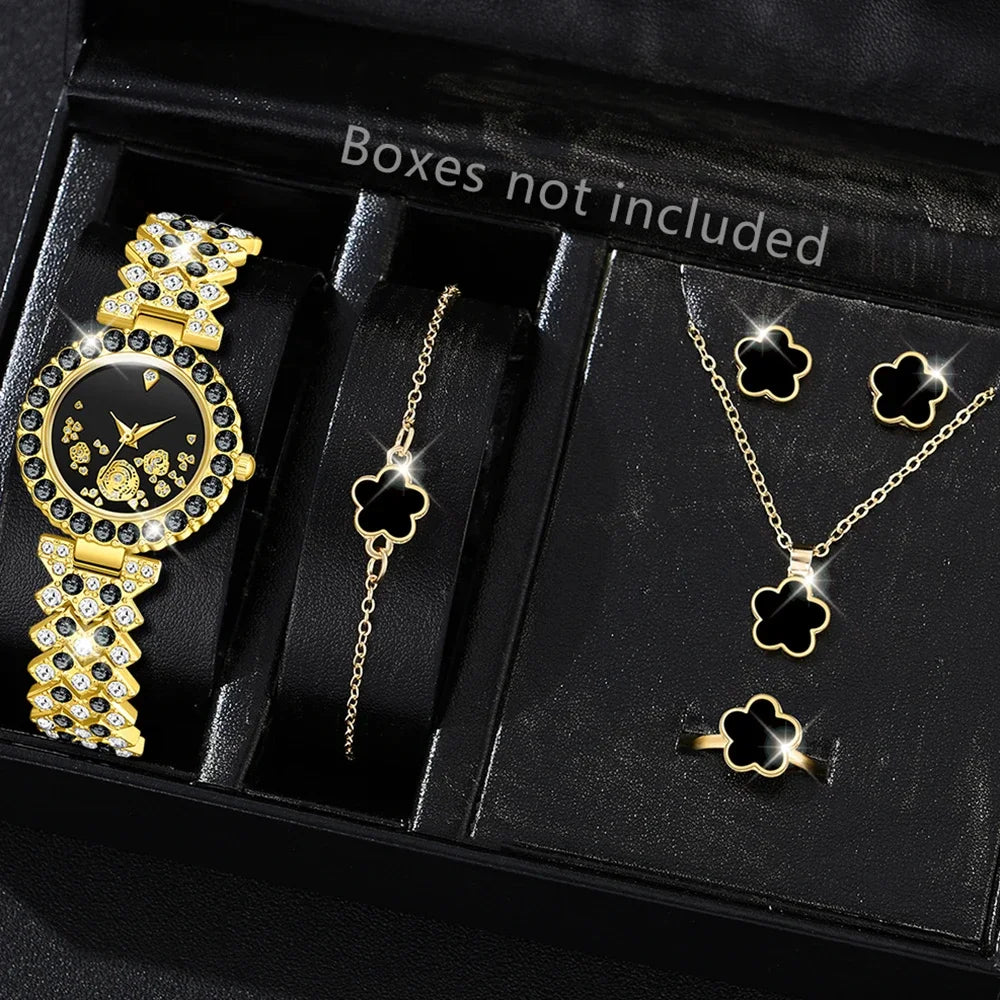 6PCS Women's Watch Set Fashion Trend Versatile Flower Elements Quartz Watch Bracelet Necklace Earrings Set Perfect Gift Qme Gold