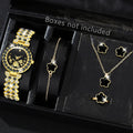6PCS Women's Watch Set Fashion Trend Versatile Flower Elements Quartz Watch Bracelet Necklace Earrings Set Perfect Gift Qme Gold
