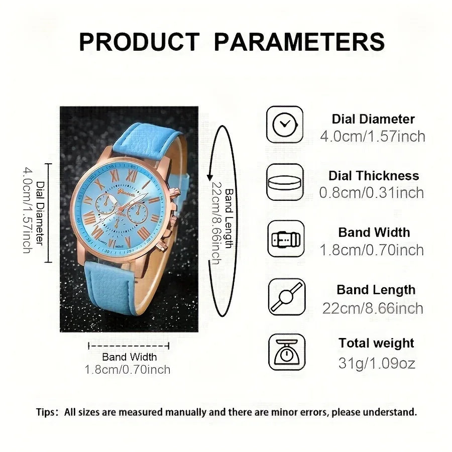 Fashion 5pcs women's quartz watch set, paired with blue butterfly jewelry - round zinc alloy case, PU leather strap Qme