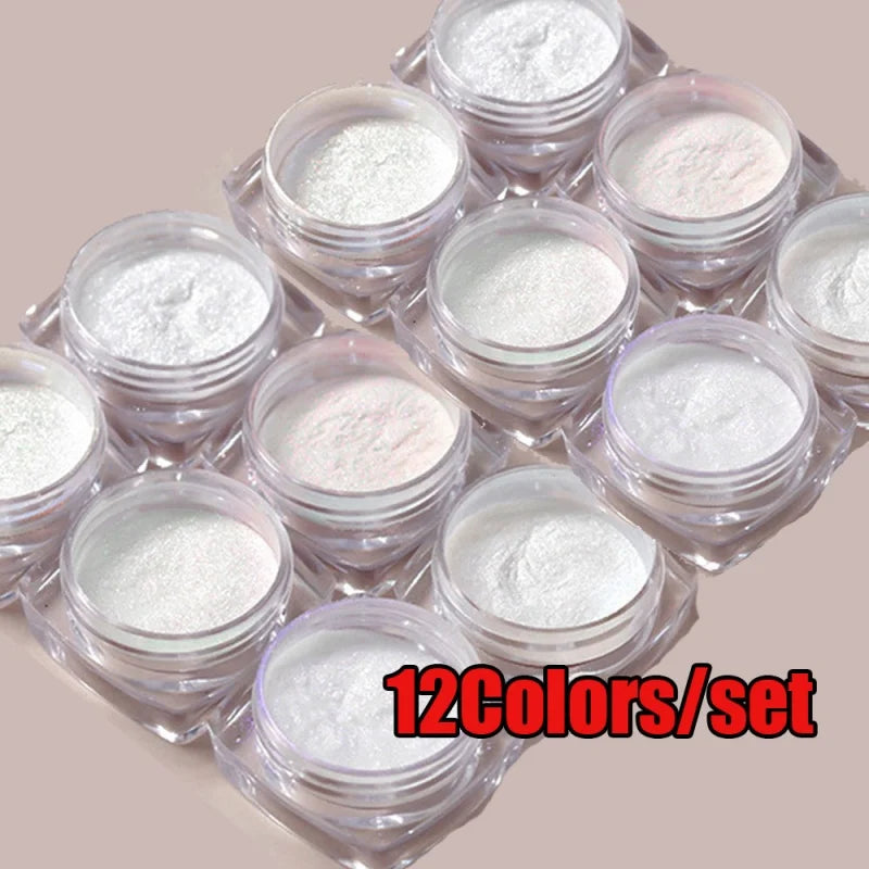 12Pcs/Set Aurora White Nail Mirror Powder 0.3g/Jar Shimmer Moonlight Chrome Pigment Dust for UV Gel Polish Manicure Decorations Qme A