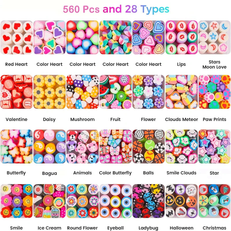 Polymer Clay Beads Kit 24 Styles Cute Fun Clay Beads Flower Butterfly Heart Letter Pony Beads for Bracelet Necklace Making DIY Qme