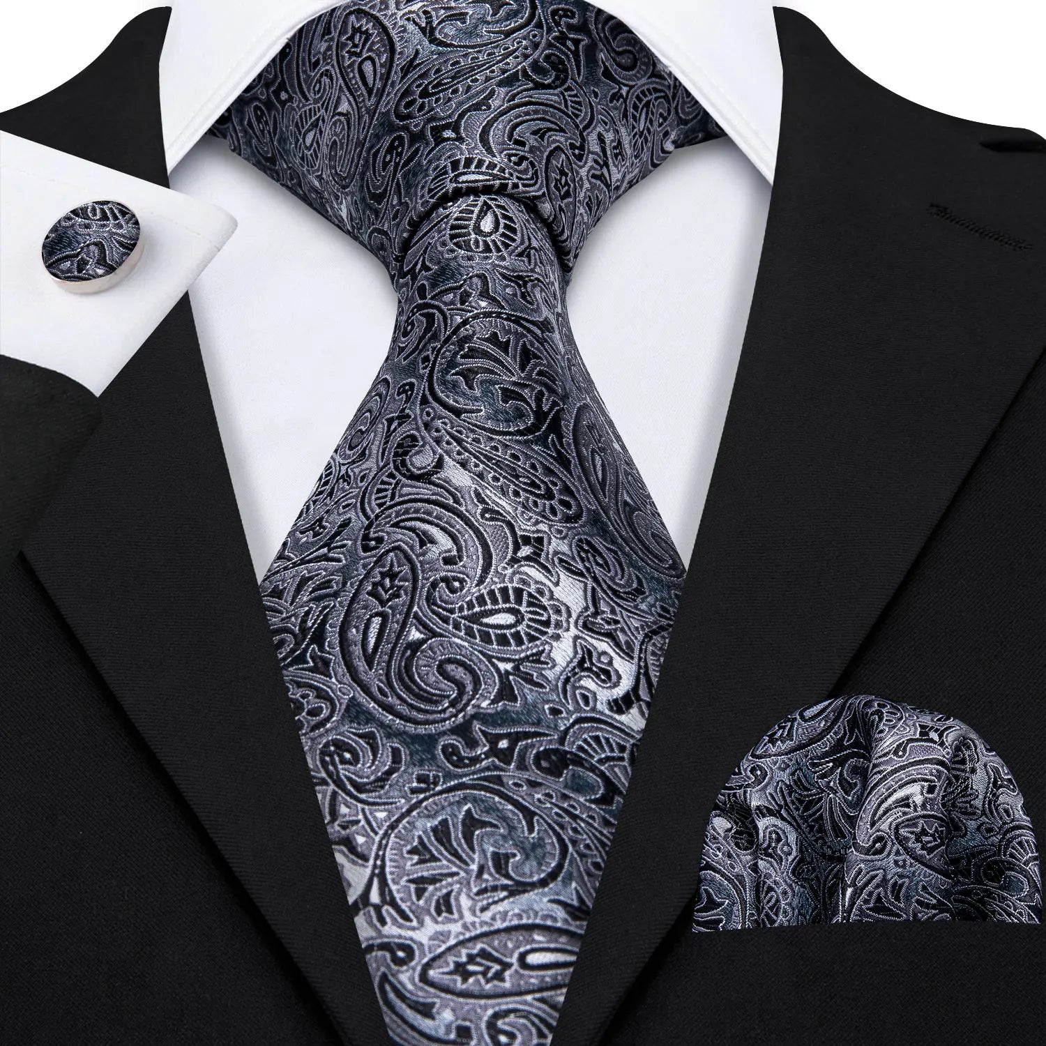 Hi-tie Extended Men's Black Luxury Textured Tie Portable Cufflinks Qme N-3512