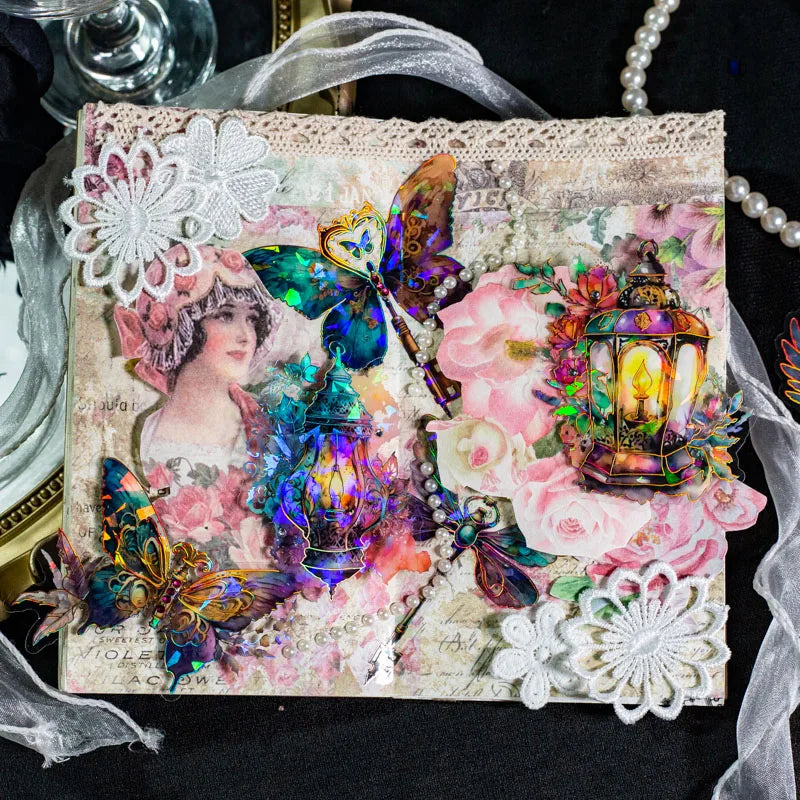 10 pcs Vintage Bronzing laser Stickers pack INS Flowers Butterfly Decorative Scrapbooking material Diy junk journal supplies Qme
