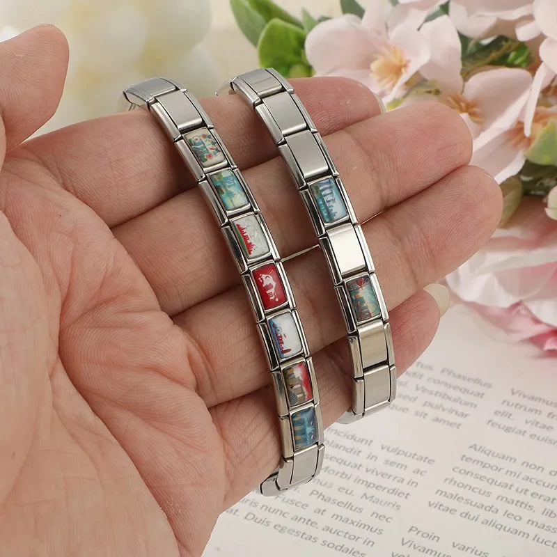 Fashion Colored Color Charm Ferris Wheel Lake City Scenery Italian Link Fit 9mm Stainless Steel Bracelet Jewelry Making DIY Gift Qme