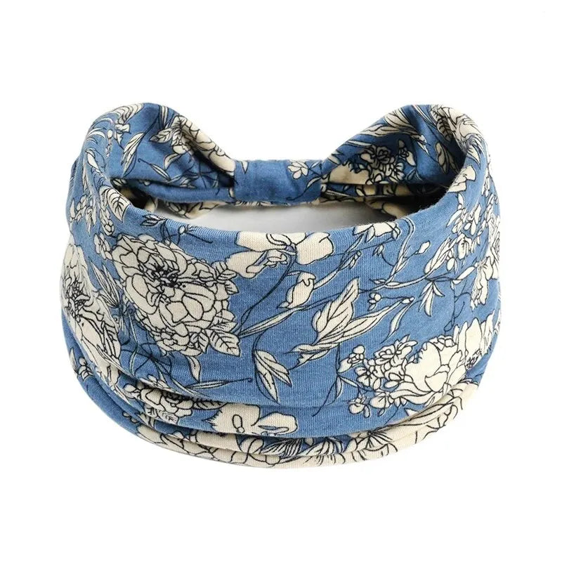 Bohemian Trendy Yoga Motion Hairpie Sweat-Absorbing Sweat Absorption And Elastic Cotton Head Ladies Headwear Hair Accessories Qme Blue Flower