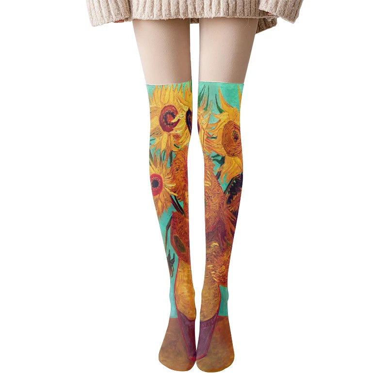 Van Gogh Retro Oil Painting Thigh Stockings Starry Sky Sunflower Qme style8 One Size