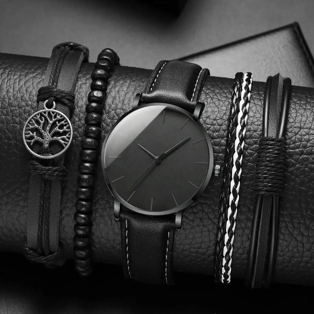 Watch New Men Watch Luxury Bracelet Set Fashion Business Black Leather Quartz Wrist Watches For Men Gift Set Relogio Masculino Qme BRONZE