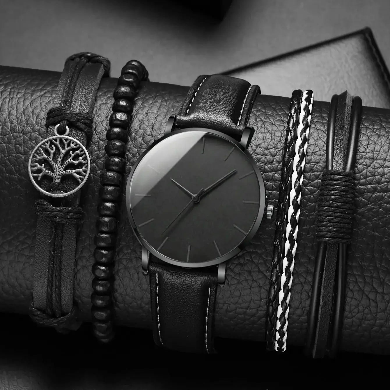 Watch New Men Watch Luxury Bracelet Set Fashion Business Black Leather Quartz Wrist Watches For Men Gift Set Relogio Masculino Qme BRONZE