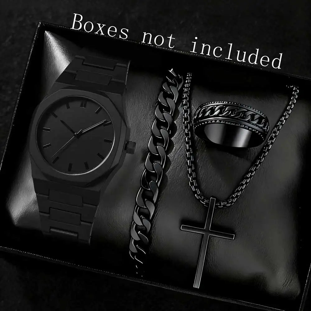 Matte octagonal minimalist scale men's watch Cuban bracelet cross necklace ring four piece set, not including gift box Qme black