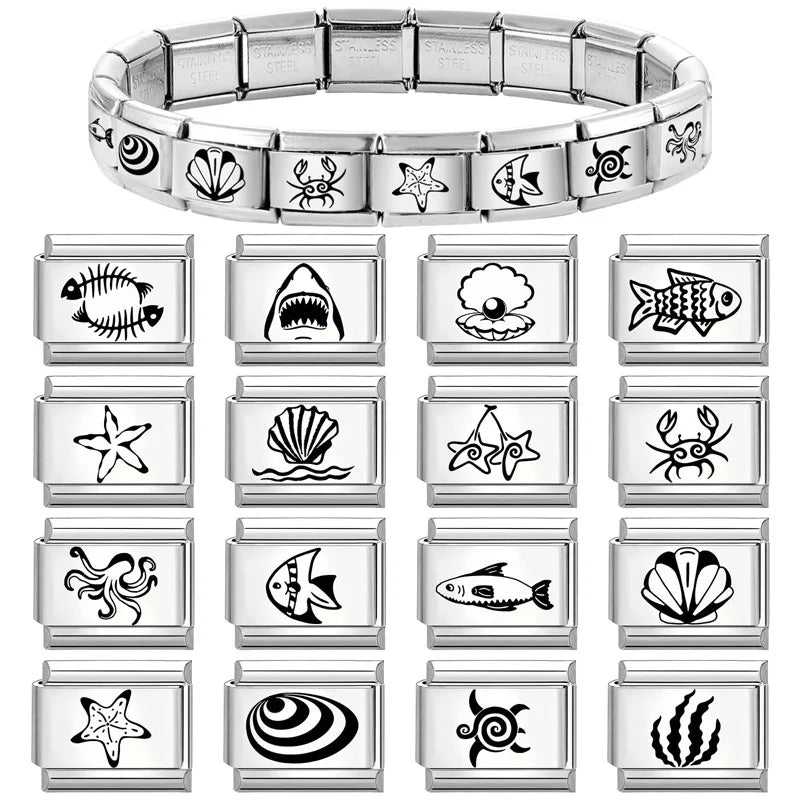 2026 Design Jellyfish Shell Pearl Turtle Laser Engraving Italian Charm Links Stainless Steel Fit 9mm Bracelet Jewelry DIY Making Qme