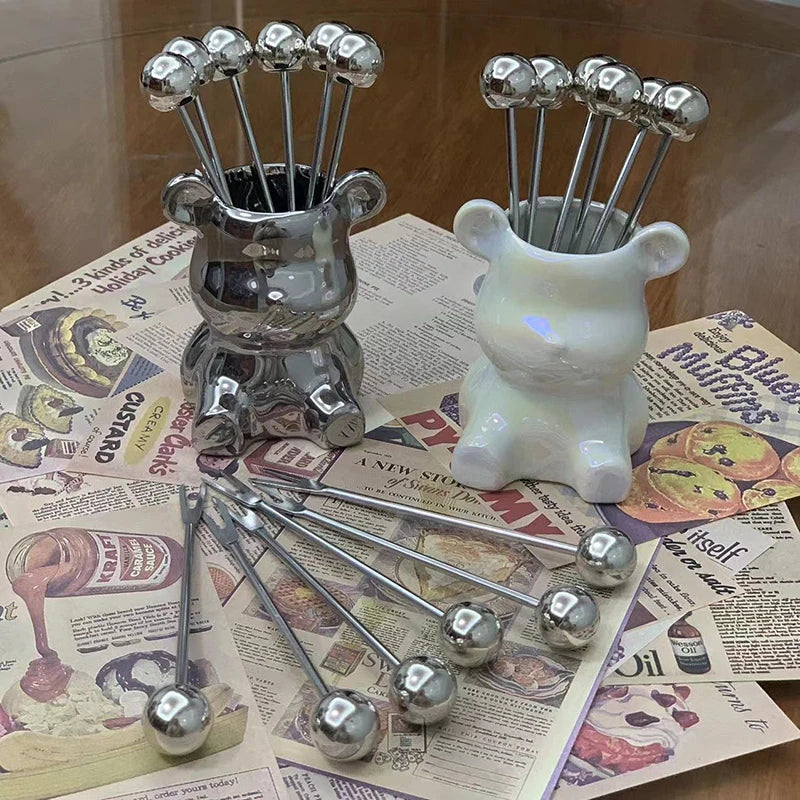 6Pcs Stainless Steel Dessert Forks With Storage Jar Cute Bear Utensils For Party Dessert Fruit Pickle Fruit Salad Tasting. Qme