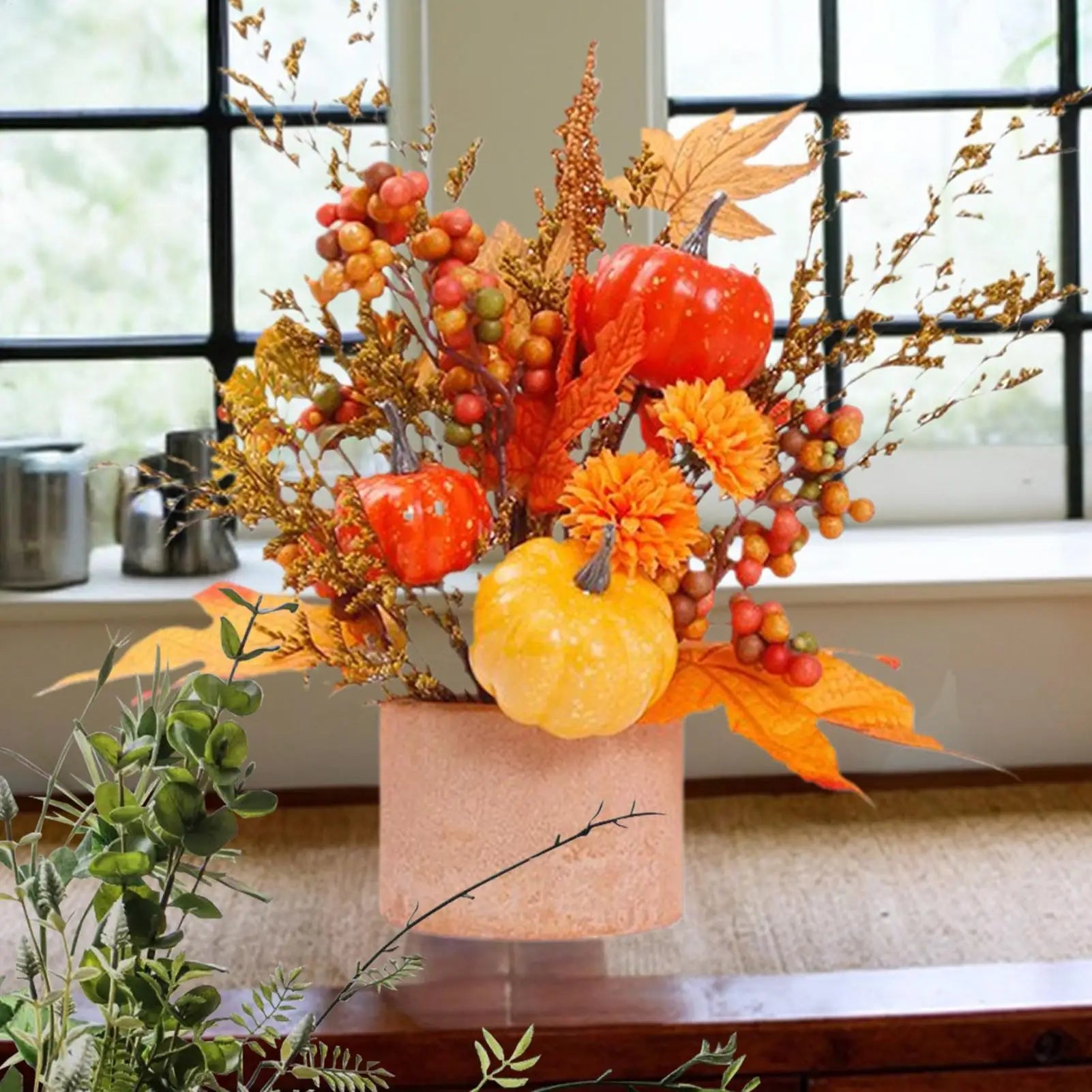 Fall Centerpieces Fake Pumpkins Thanksgiving Table Decor Artificial Plants Party Supplies For Halloween Office Autumn Desk Qme