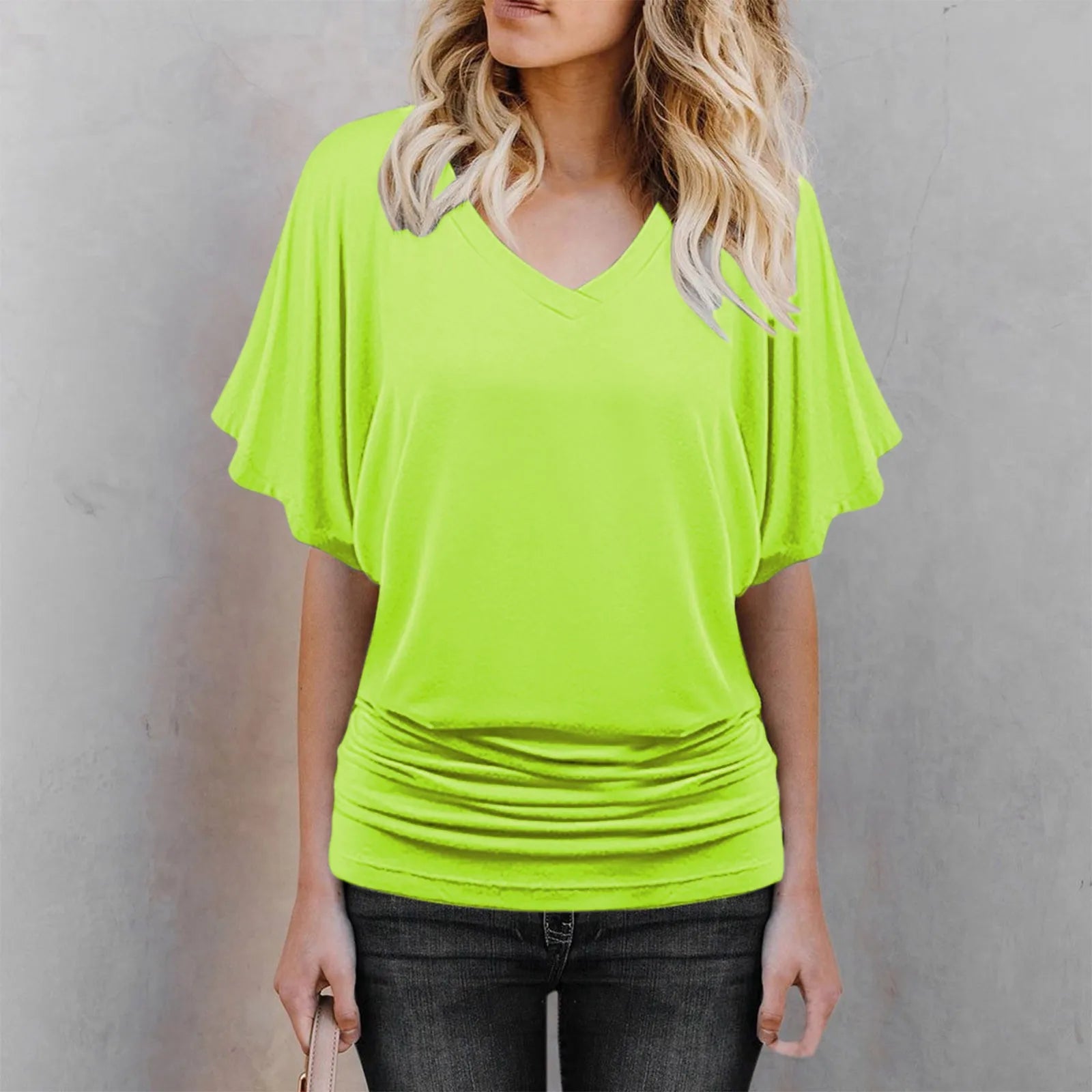 Soft Pleated Summer Bating Short Sleeved V-neck Solid Color T-Shirt Fashionable Classic Soft And Comfortable Daily Top For Lady Qme Green XXL