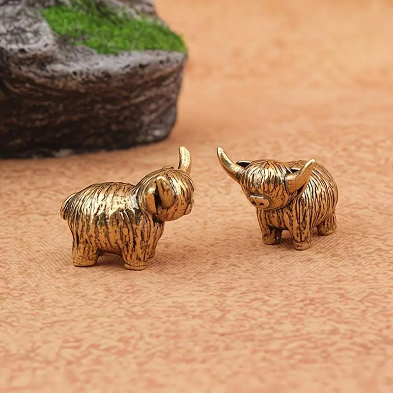 Handmade Vintage Highland Cow Figurine Solid Brass Mini Lucky Qme