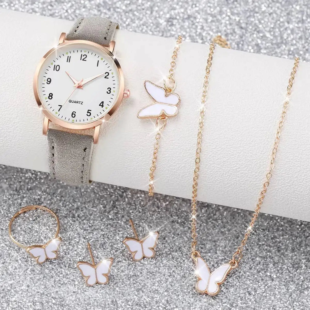 6 Pieces Women's Fashion Watch Arabic Dial Leather Bracelet Quartz Watches Butterfly Jewelry Set (Without Box) Qme