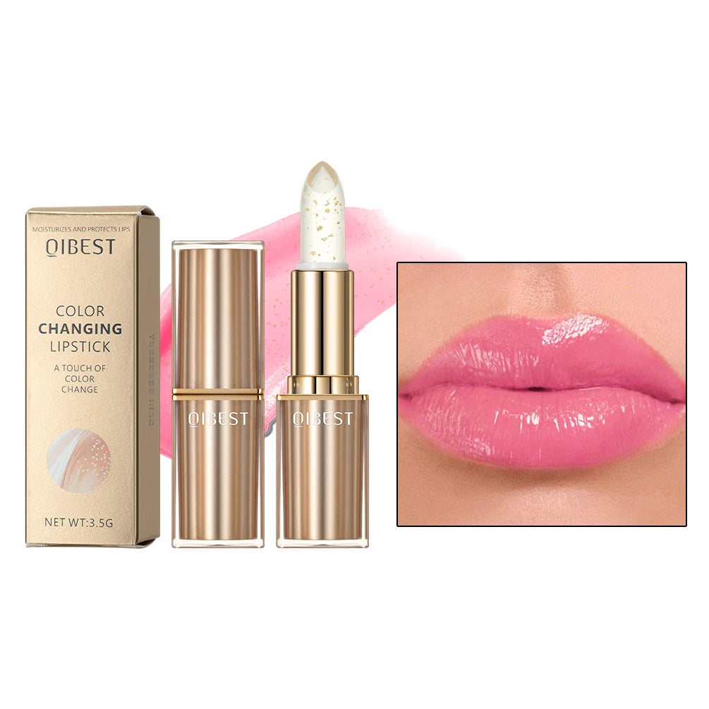 QIBEST Glitter Lip Blam Color Changing Lipstick Transferproof Lasting Non-Sticky Lipstick Moisturizing Shine Lip Stain Cosmetics Qme gold foil lipstick