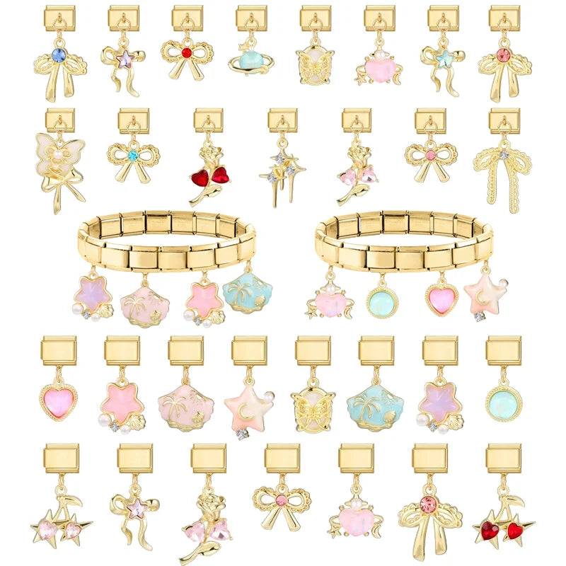 Fashion Flowers Rose Zircon Bowknot Butterfly Golden Italian Charm Links Fit 9mm Stainless Steel Bracelet Women DIY Making Gifts Qme