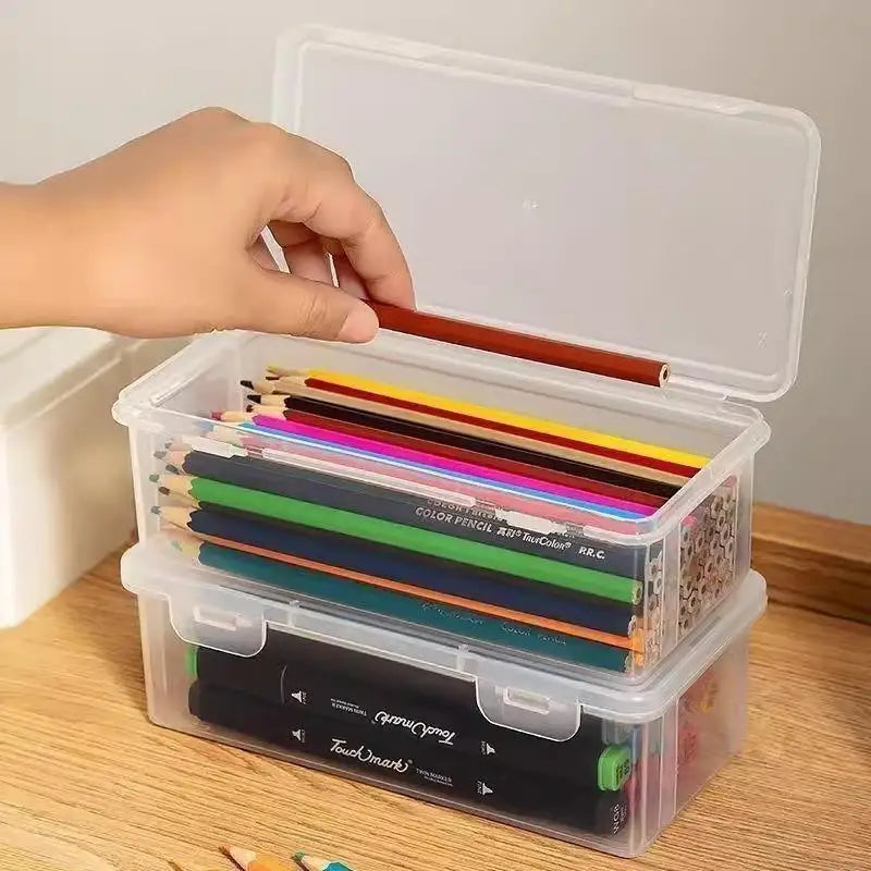 Black Transparent Plastic Storage Box Lid Desk Organizer Pens Pencils Qme