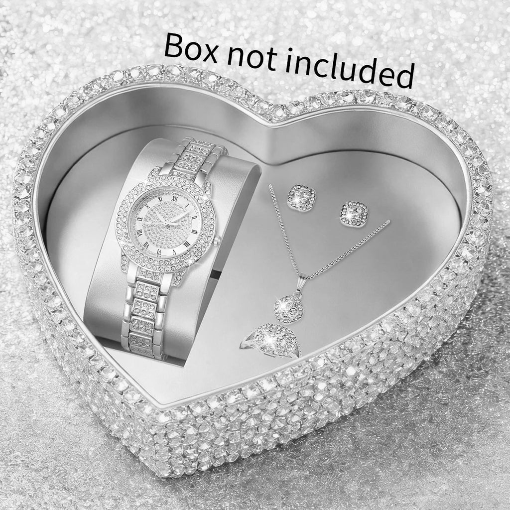 5PCS Luxury Women Roma Dial Quartz Watch Fashion Diamond Ladies Wristwatch Jewelry Set Reloj Mujer Girls Clock (Without Box) Qme 5PCS Silver No Box