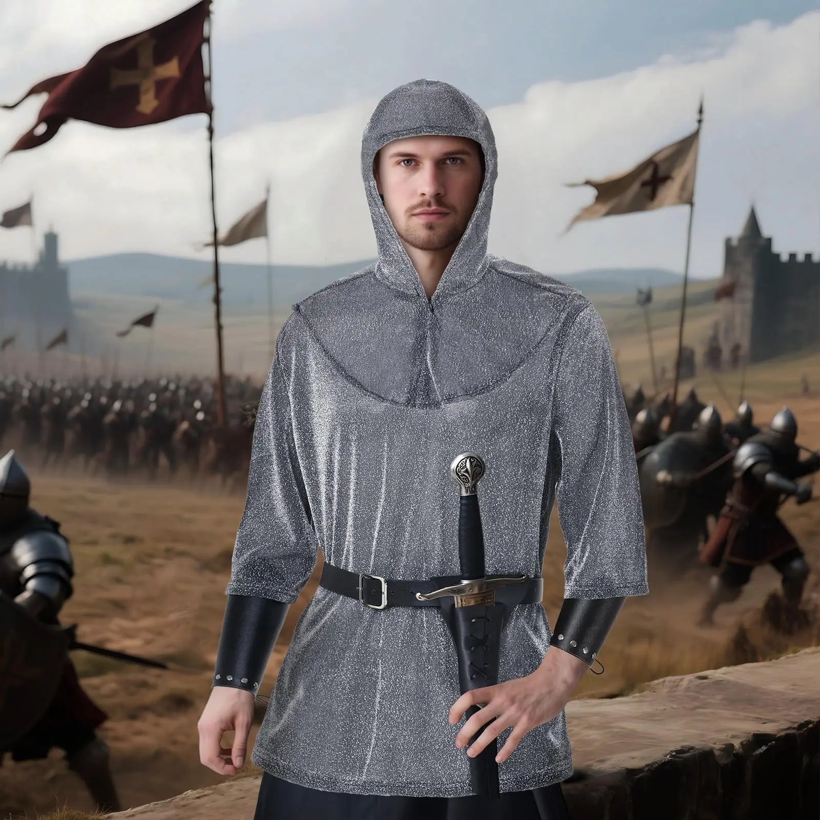 Medieval Faux Chain Mail Armor Tunic Shirt Cowl Belt Renaissance Medieval Knight Halloween Cosplay Costume For Adult Qme
