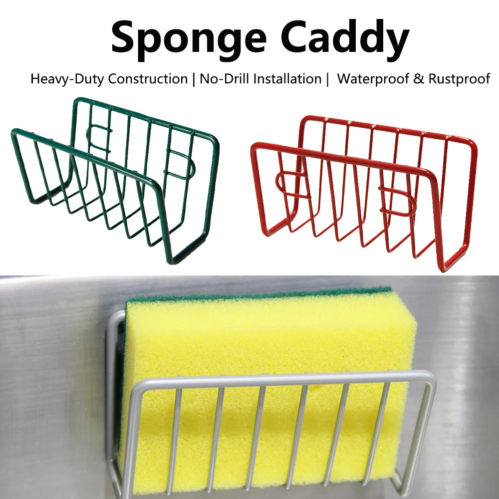 No-Drill Iron Sponge Holder Rack - Over Sink Draining Shelf, Wall-Mounted Kitchen Organizer for Dish Scrubber & Soap Dispenser Qme