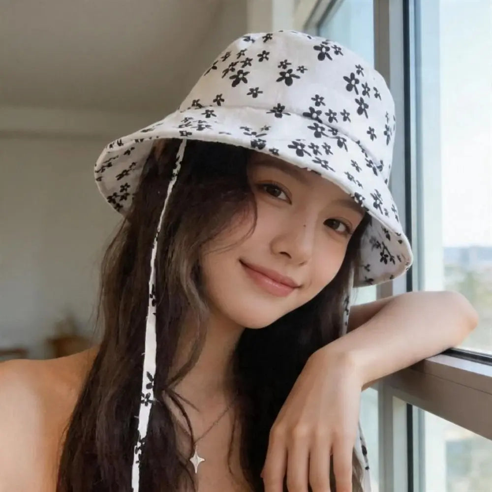 Cute Polyester Floral Print Bucket Hat Double Sided Adjustable Sun Hat Wide Brim Foldable Basin Cap Women Qme