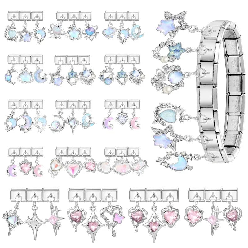2026 3PCS Beautiful Blue Moon Heart Starfish Italian Charms Link 9mm Modular Bracelet Stainless Steel DIY Gift Jewelry Wholesale Qme