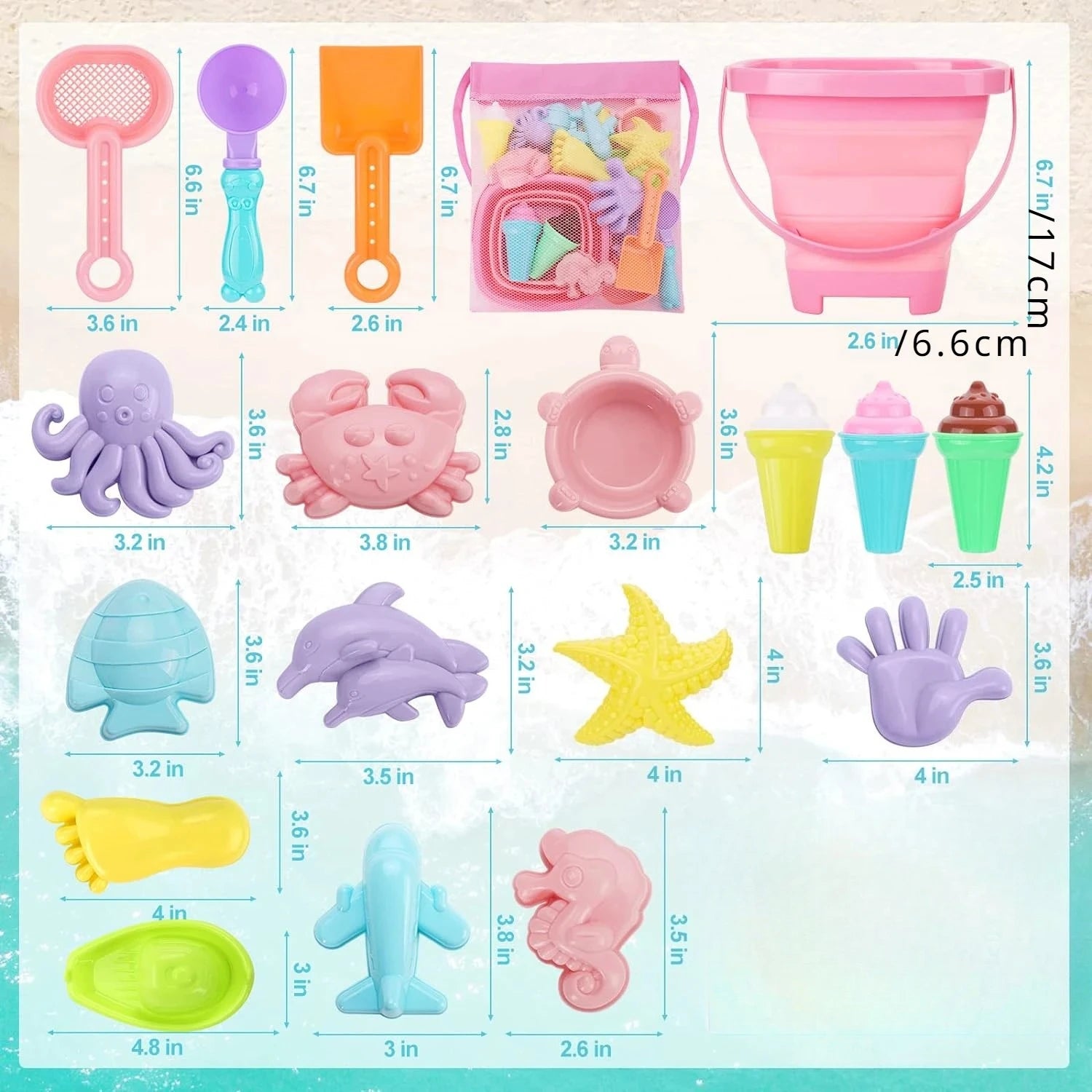 Beach Sand Toys for Kids Beach Toys Set with Ice Cream Cake Sand Molds Mesh Beach Bag Shovel Rake for Toddler Sandbox Outdoor Qme