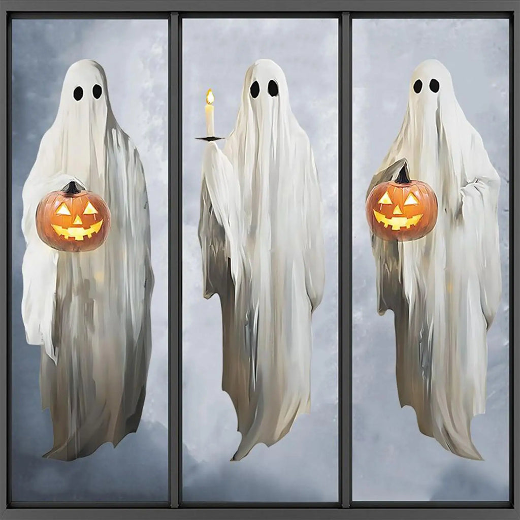 Halloween Window Stickers 3 Sheets Ghost Holding Pumpkin Candle Clings Reusable Spooky Extra Large Sticker Decor For Kid Office Qme