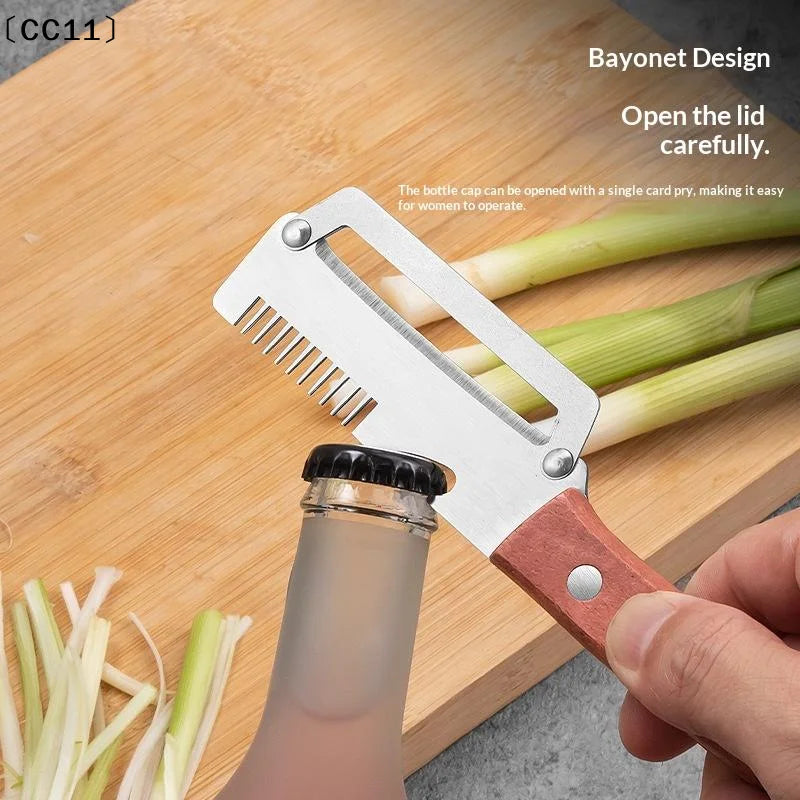 Multifunctional Stainless Steel Peeler Wooden Handle 3-in-1 Scallion Qme