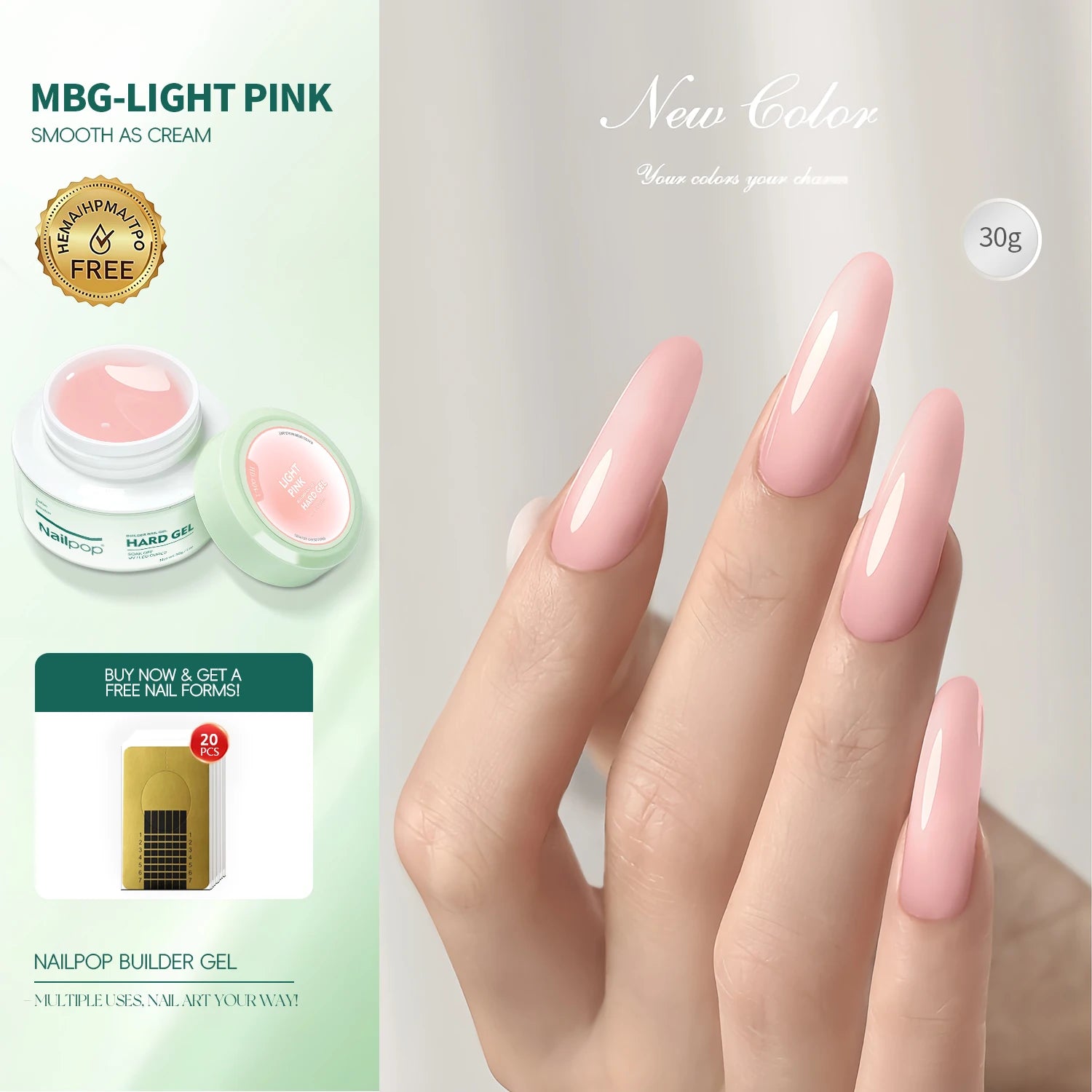 Nailpop Builder Gel Milky Extension UV LED Cured Acrylic Nails Long Qme MBG-Light Pink