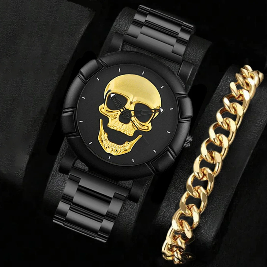 Halloween Skull Men's Quartz Watch Men's Steel Belt Set Qme Gold