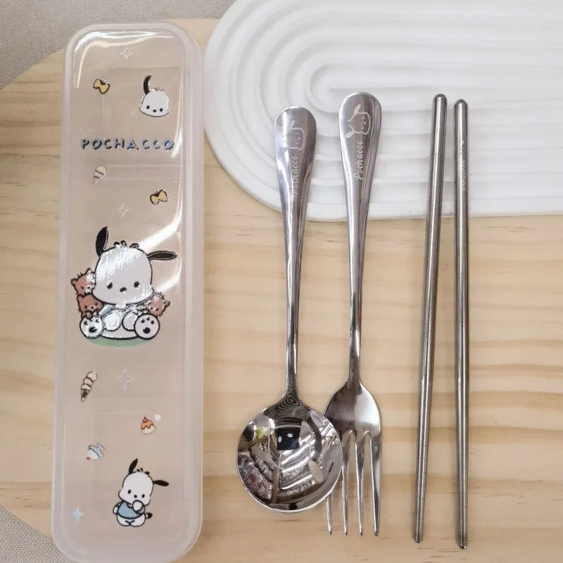 Kuromi Stainless Steel 3-Piece Portable Cutlery Set Cute Cartoon-Themed, Stylish Fork and Spoon Set Qme 3